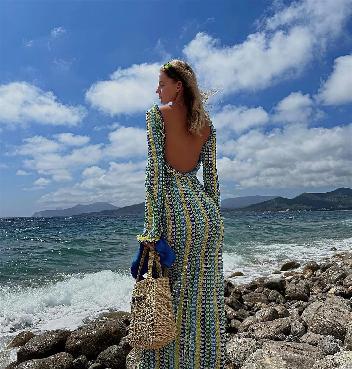 Fashion Backless Womens Dress Lace Contrast Color Long Sleeves Slim Stripe Maxi Dresses 2024 Summer Beach Holidays Clothing 250113