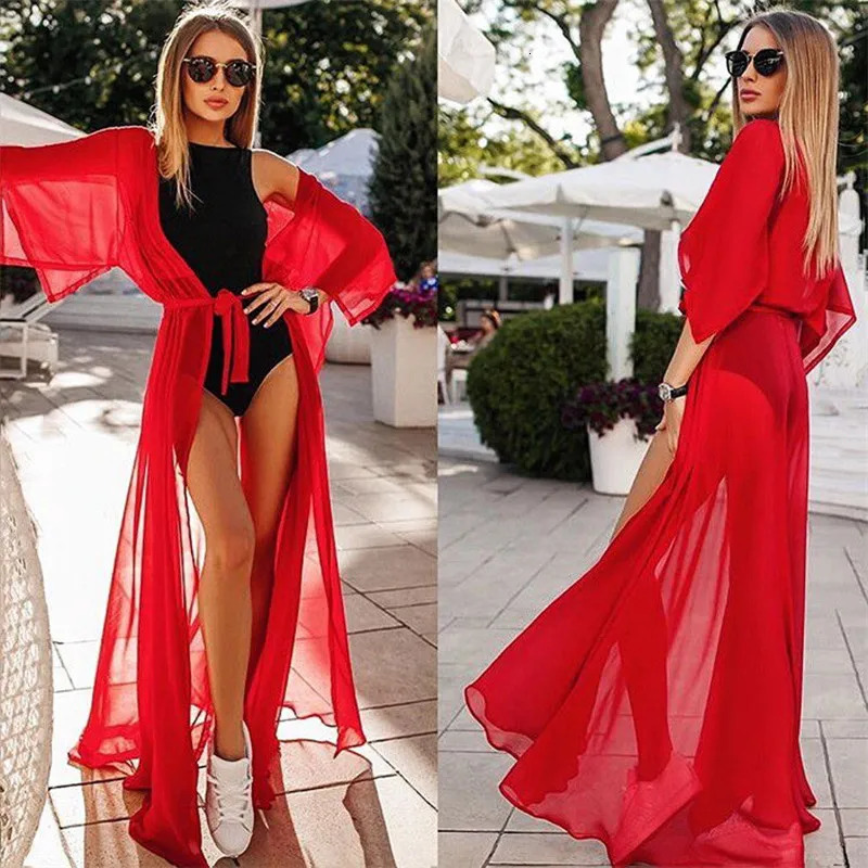 Summer Lady Beach Cover Up Sexy Bikini 2024 Chiffon Long Dress For Women Solid Dres Bathing Suit Tunic Kaftan 250120