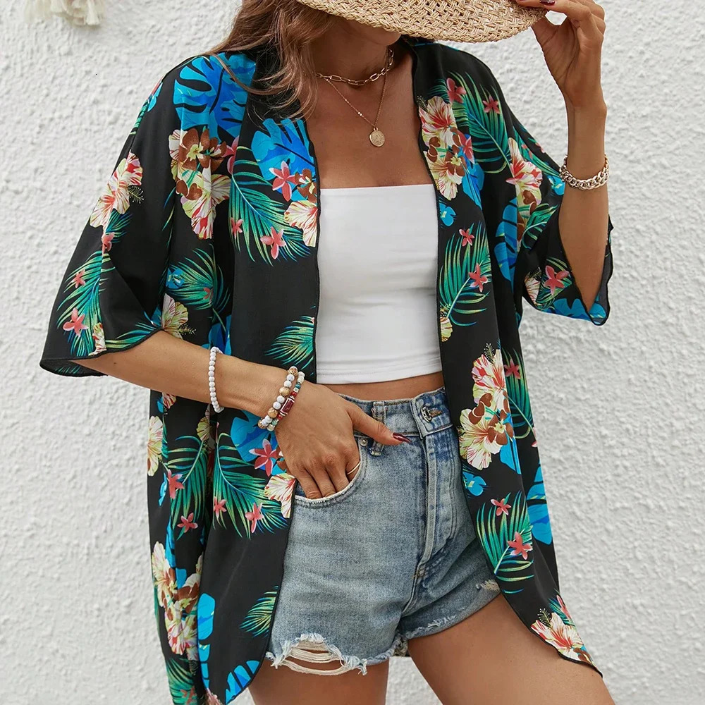 2024 Beach Wear covered womens social shirt fashion top 3D printed batwing sleeve chiffon kimono swimsuit for women 250120