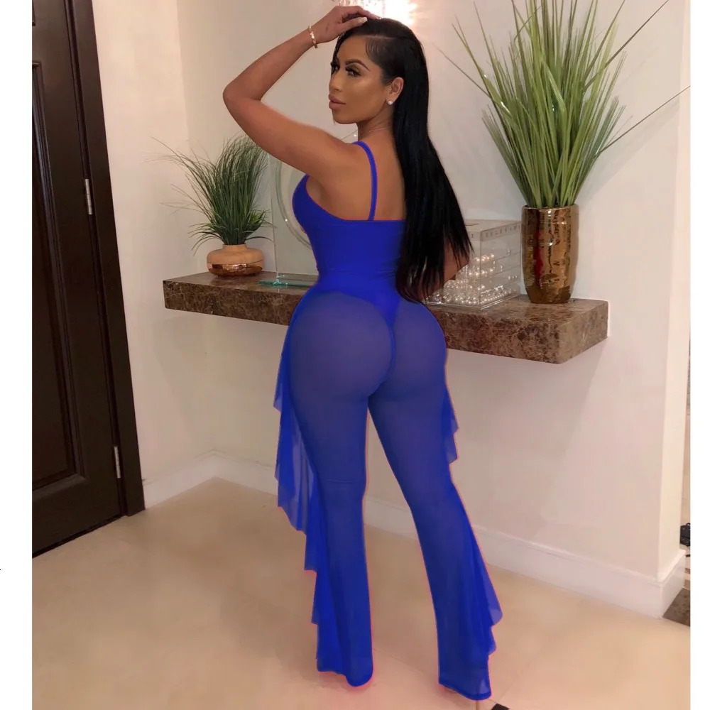 BKLD Neon Orange Two Piece Sexy Women Spaghetti Strap Bodysuit And Sheer Mesh Pants Ruffles Beach Club Party Bodycon Outfits 250122