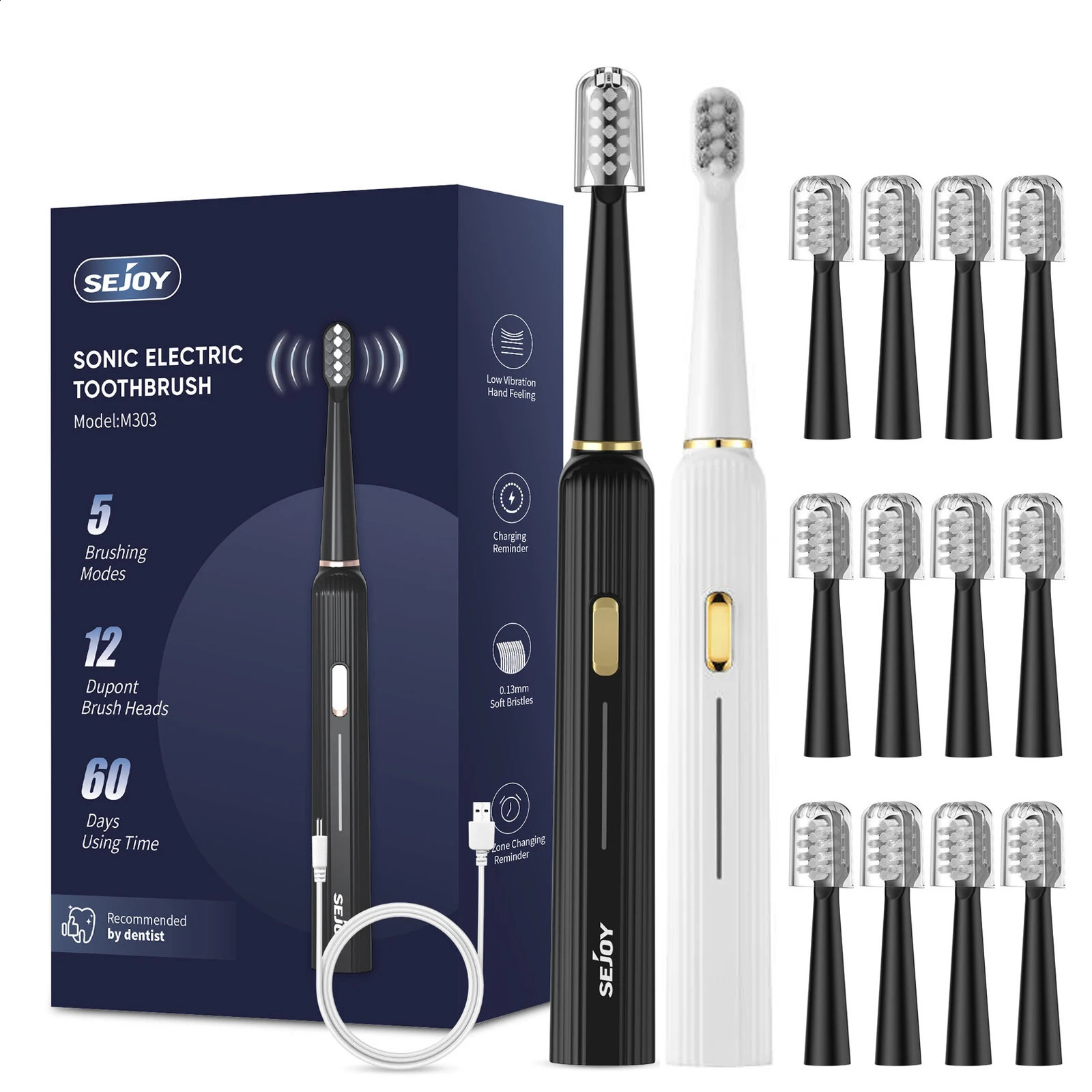 Sejoy Electric Toothbrush with 12 Brush Heads 5 Cleaning Modes 2 Minutes Built in Smart Timer Sonic 250115