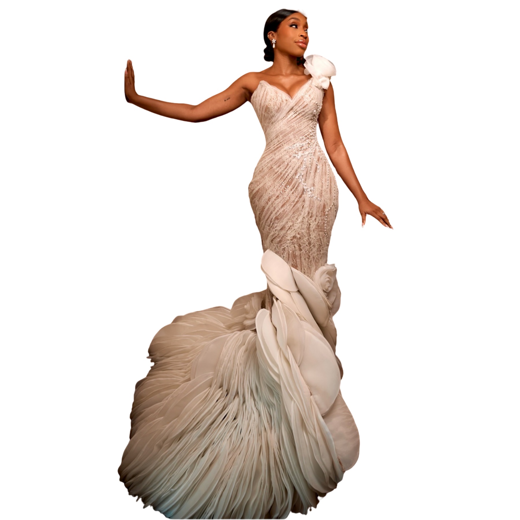 2025 Arabic Aso Ebi Plus Size Ivory Illusion Mermaid Wedding Dresses Beaded One Shoulder Tiers Vintage Bridal Gowns Dress For Bride ZJ068