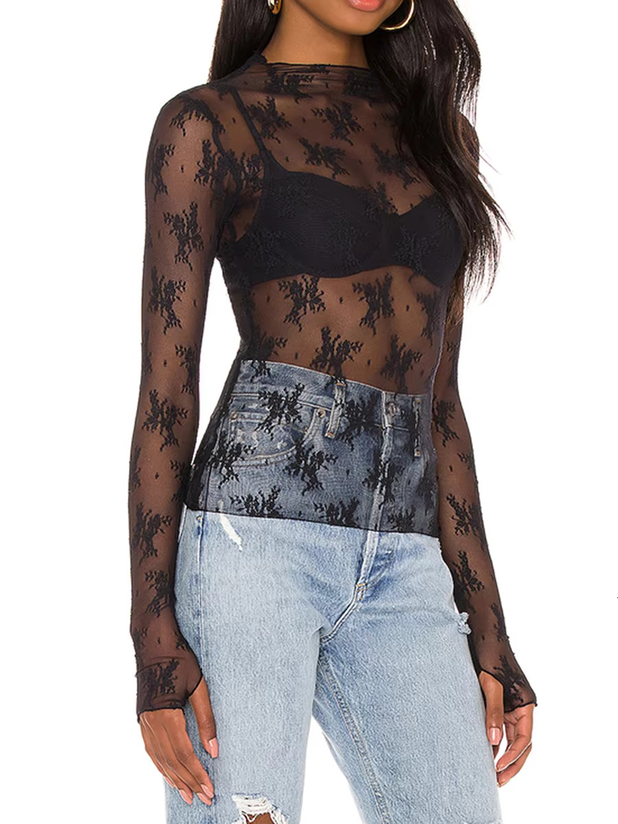 Women Y2k Sheer Mesh Long Sleeve Sexy See Through Mock Neck Ral Lace Shirts Layering Tops Party Clubwear