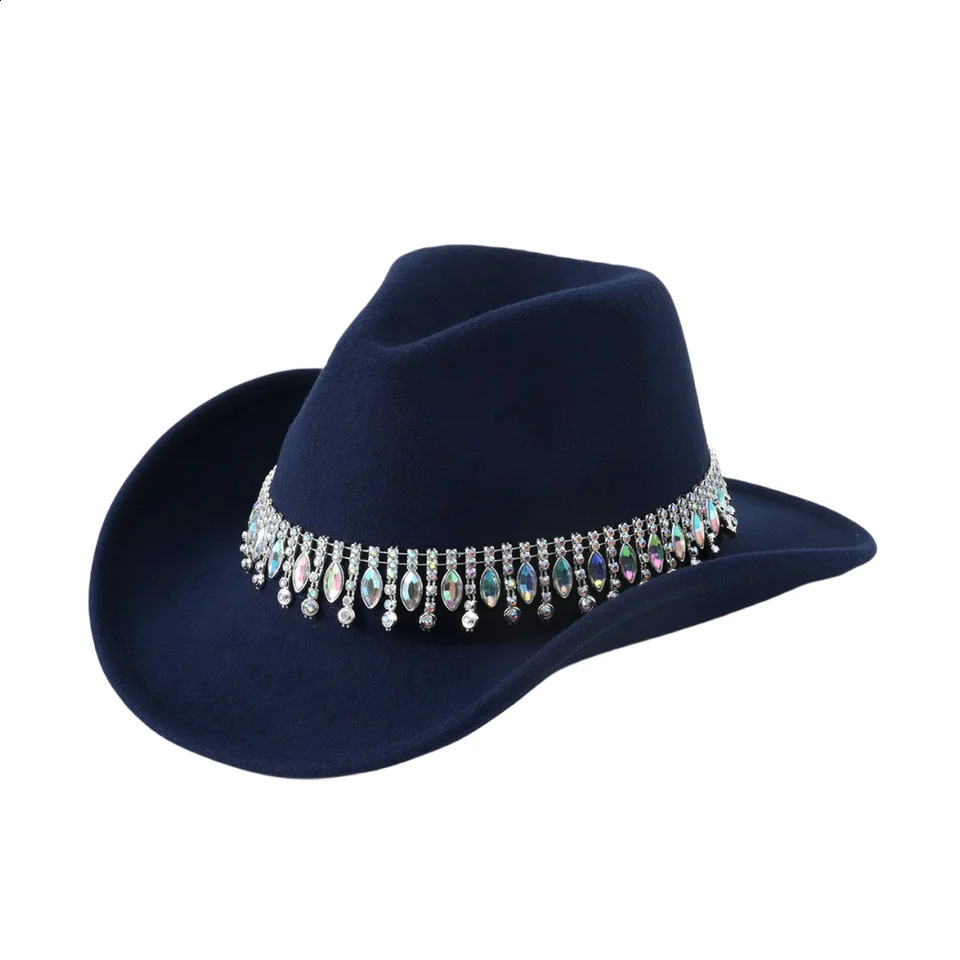 1Fashion Rhinestone Tassel colored gemstone necklace western cowboy hat Broad Brim Sun Protection Hat gentleman style jazz 250118