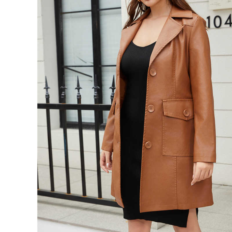 New Style Long Leather Coat Spring Autumn Long Sleeve Leather Windbreaker Jacket Fashion British Coat WoMens Polo Collar Single Breasted Long Trench C