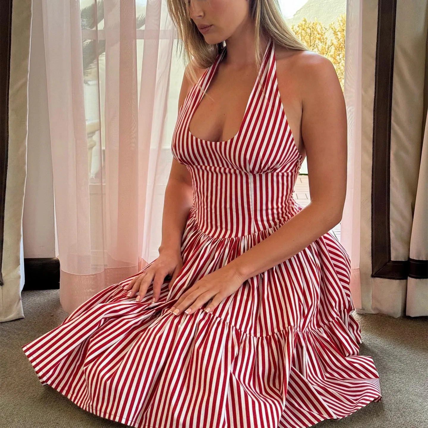 hirigin Fashion Womens Short Halter Dress y2k Vintage Striped Sleeveless Backless A-Line Tiered Ruffle Dress for Party Club 250113