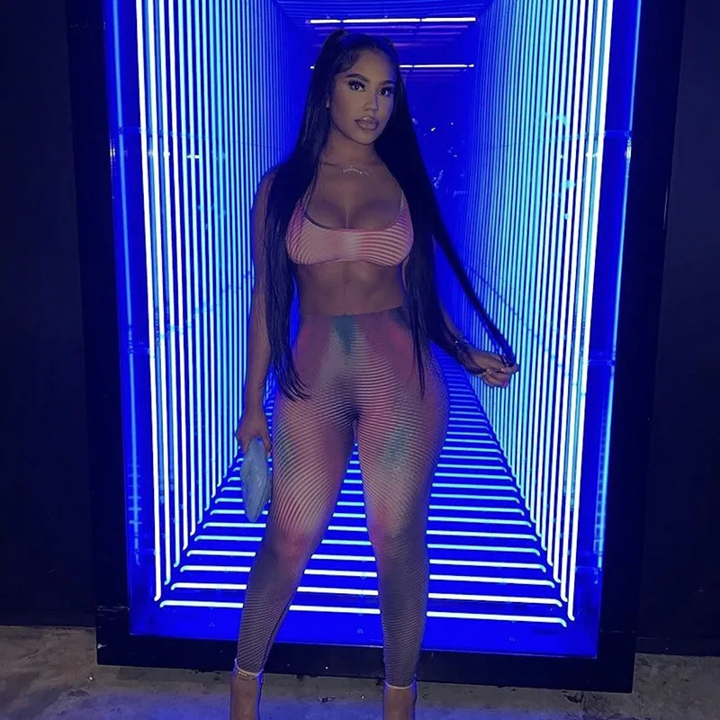 Women Sexy Tie Dye 2 Piece Set Supendency Striped Print Crop TanksContast Color Matching Trousers Female Attractive Suits 250122