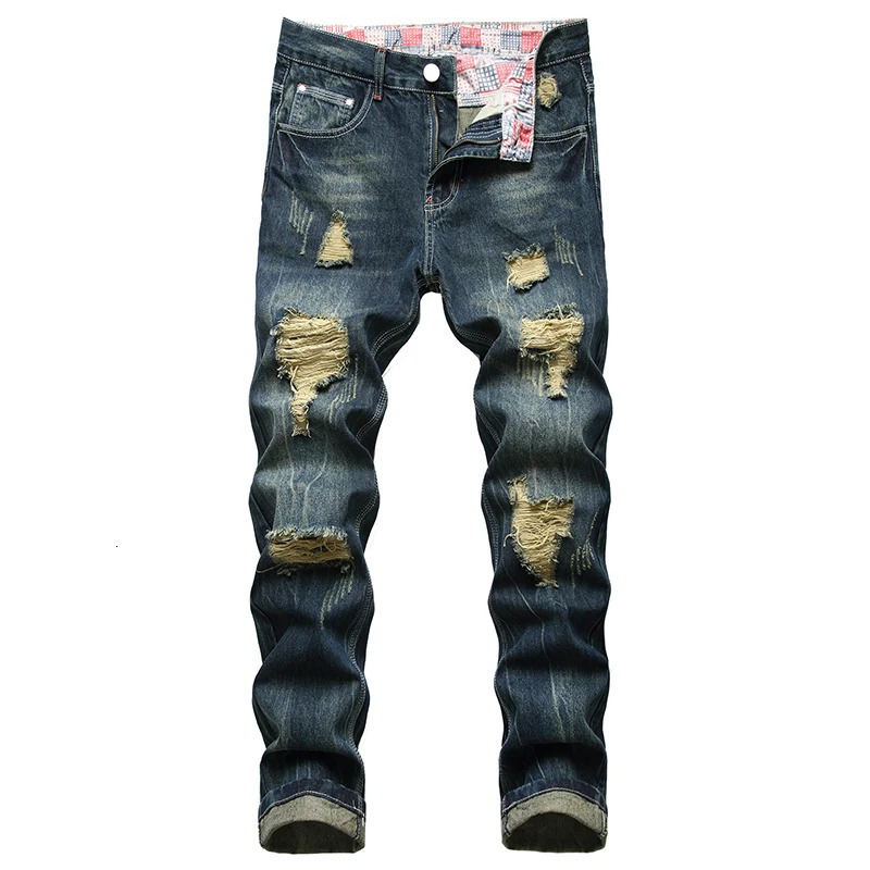 Denim Casual Ripped Trousers Mens Fashion Long Plus Size 28-42 Jeans Hole Ruined Ripped Cotton s Dark Blue Dropship 250117