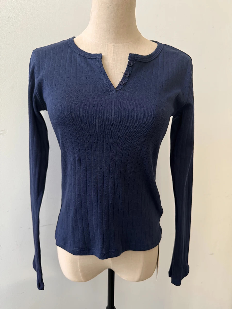 Navy Eyelet Long Sleeve T-Shirt Autumn Three Buttons O-Neck Cotton Slim Tee Top for Woman Sweet Cute Basic Tshirt Y2k Tops 250120