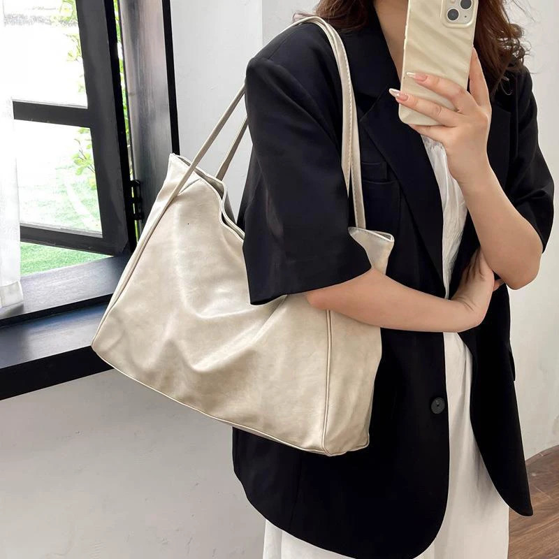 Fashion PU Tote Bag Vintage All-match Large Capacity Commuting Bag Shoulder Bag Daily Life Shopping Bag 250122