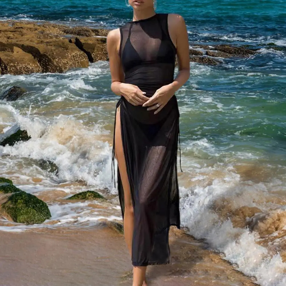Oneck Side High Split Shirring Cover Up Dres Mesh Transparent Sleeveless Sunscreen Dress for Vacation 250120