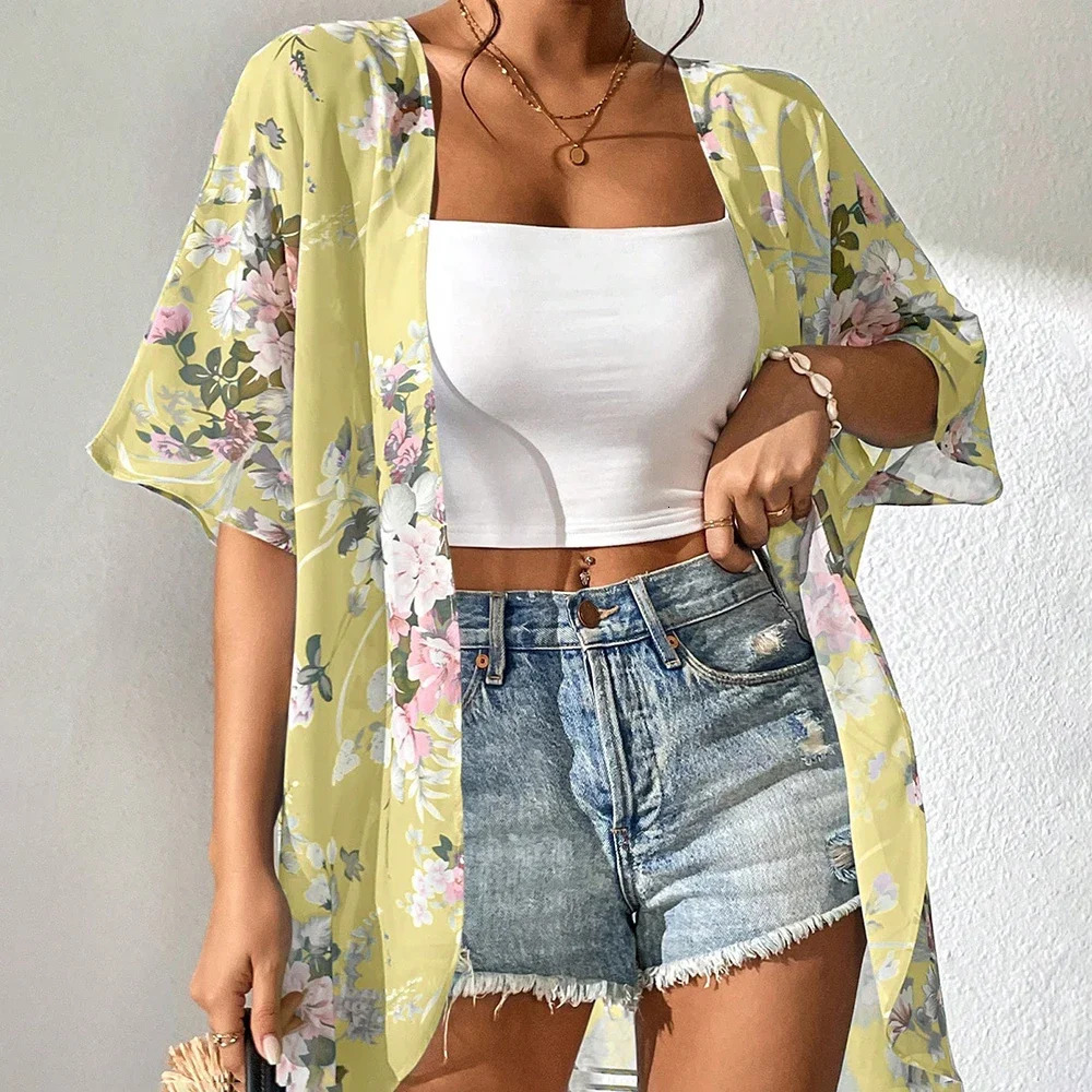 2024 Beach Wear covered womens social shirt fashion top 3D printed batwing sleeve chiffon kimono swimsuit for women 250120