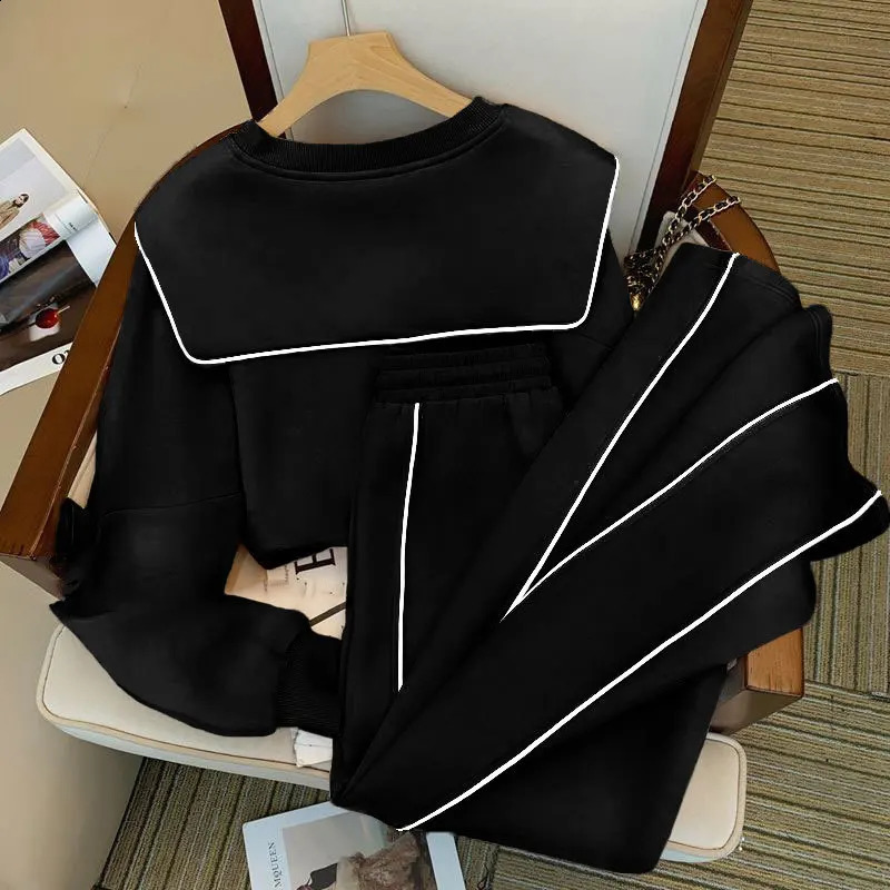 Fashion Tracksuit 2 Piece Set Outfit Korean Loose Sailor Collar Crop Coat Casual Wide Leg Pants Female Sweatshirt Suit 250114