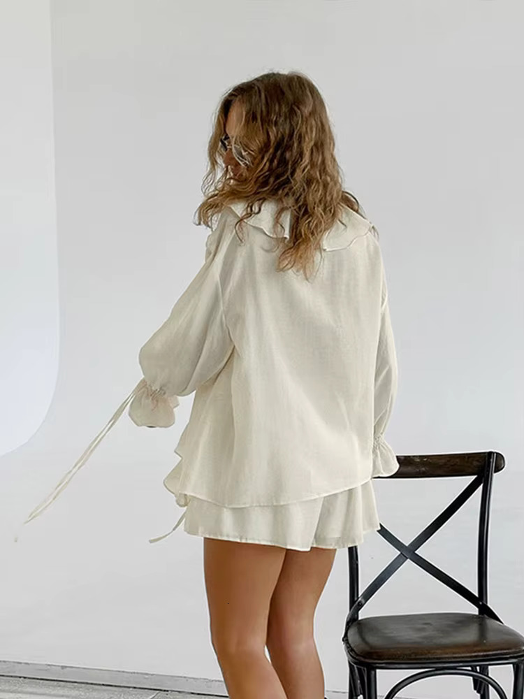 Casual Ruffles Shorts Suits Women Loose See Through V Neck Hollow Out Female 2025 Spring Fashion New Lace Up Sets Lady