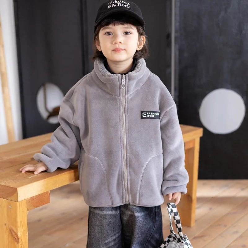 Autumn Winter Korean Baby Boy Coat Solid Color Double-sided Casual Fleece Toddler Boys Jacket Stand Collar Warm Kid Boy Top 250113