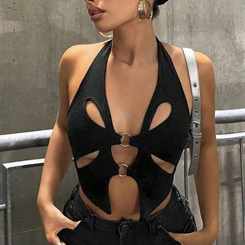Sexy Black Halter Womens Y2k Crop Tops Sleeveless Hollowing Out Backless Fashion Female Summer Grunge Slim Tank Tops 250116
