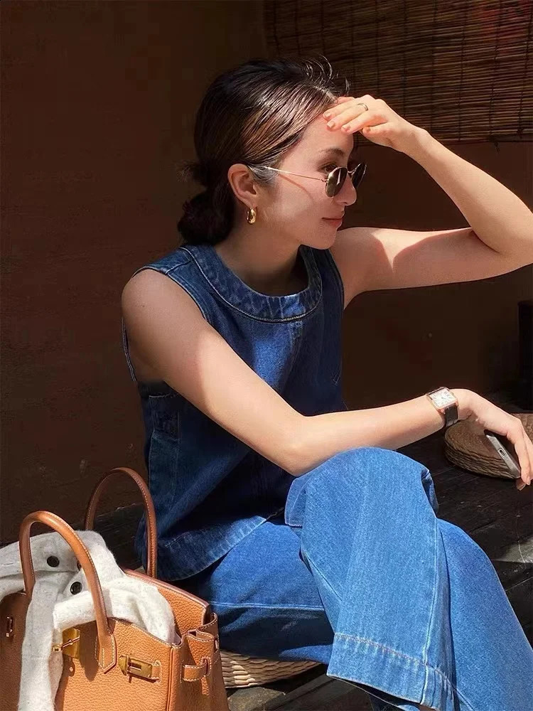 Blue denim vest suit sleeveless top jeans commuting casual womens pants two-piecet 250122