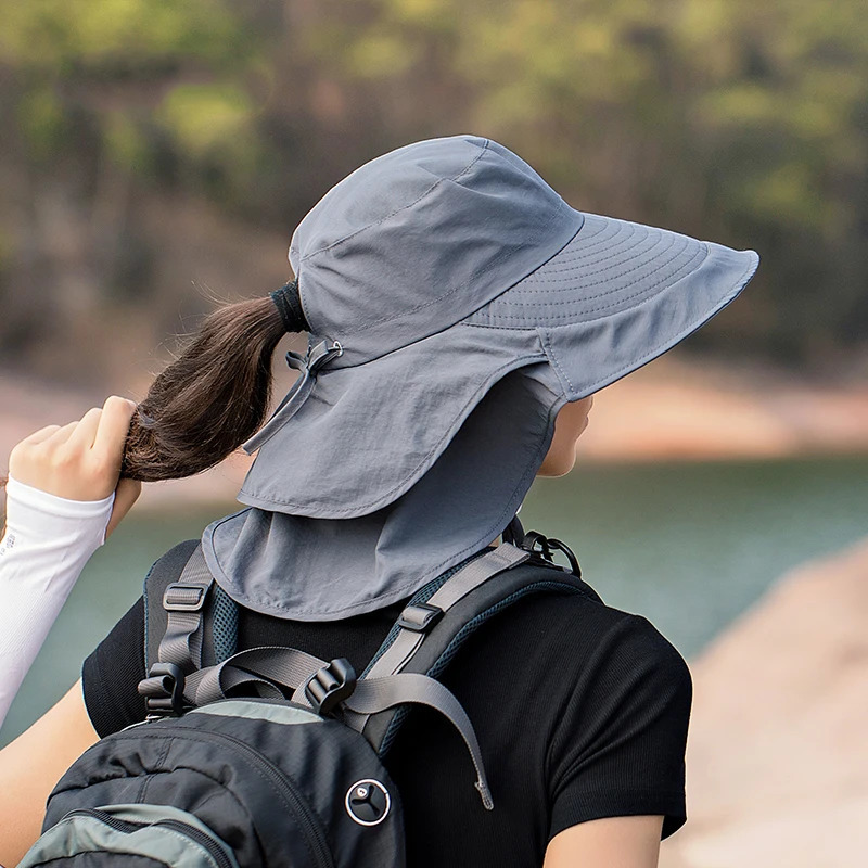 Women Wide Large Brim Sun Hat Bucket Summer Outdoor Fishing Hiking UV Anti Neck Protection Shawl Visor Cap Ladies Bonnet 250118