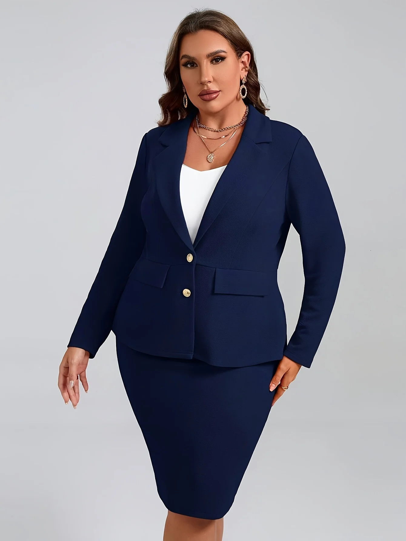 Plus Size Womens Elegant Suit Jacket Set Casual Office Lady Lapel Button Blazers Coats Skirt 2 Piece 250122