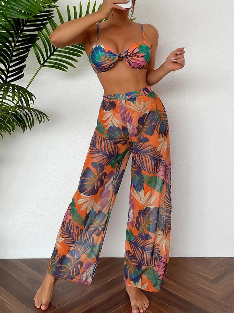 Print Three Piece Bikini With Long Pants Swimsuit Women Swimwear Female Bather Bathing Swimming Swim Suit Beachwear 250120