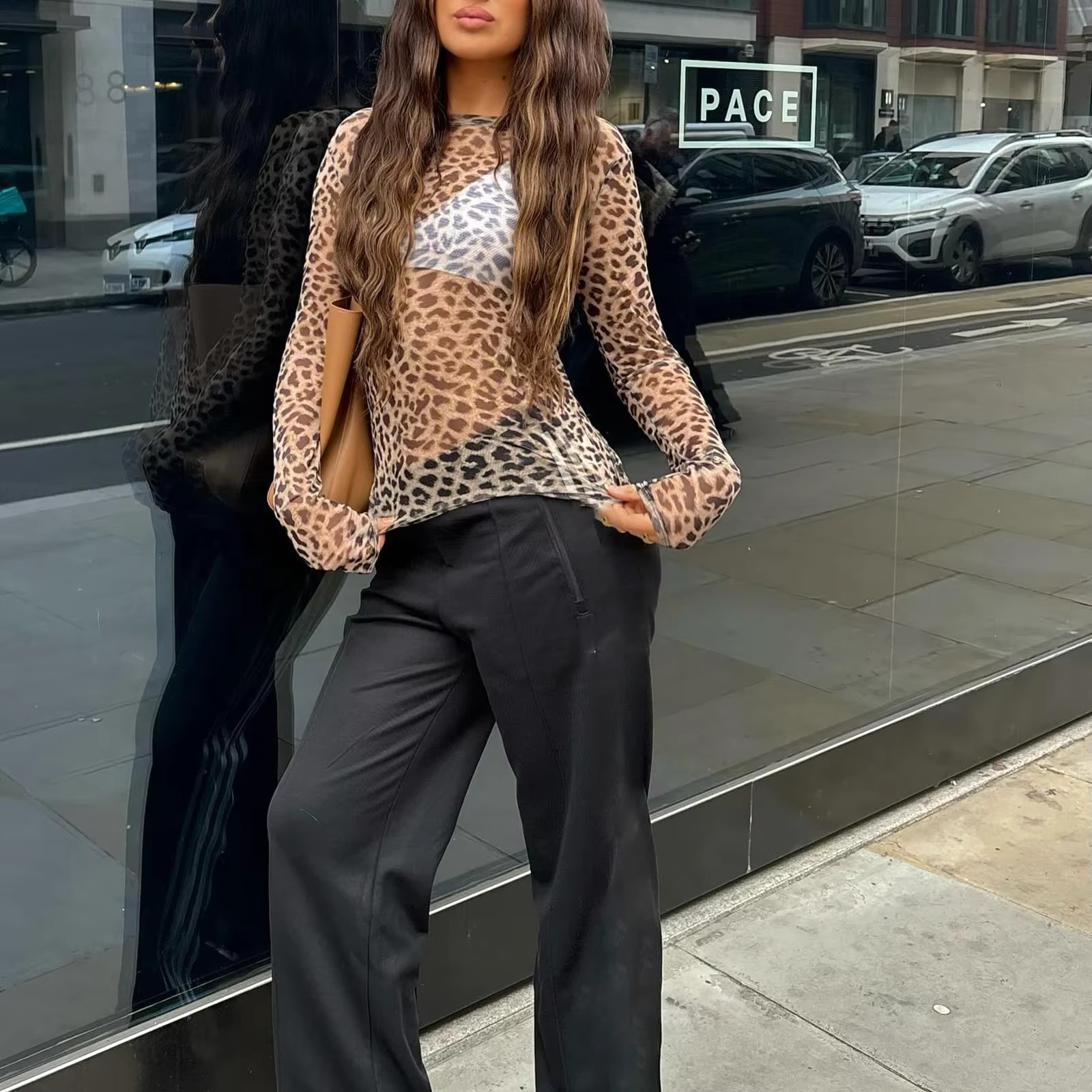 Combhasaki Women's Y2k Vintage Long Sleeve T-Shirts Leopard Print Transparent Mesh Sheer O-Neck Casual Spring Fall Slim Fit Tops