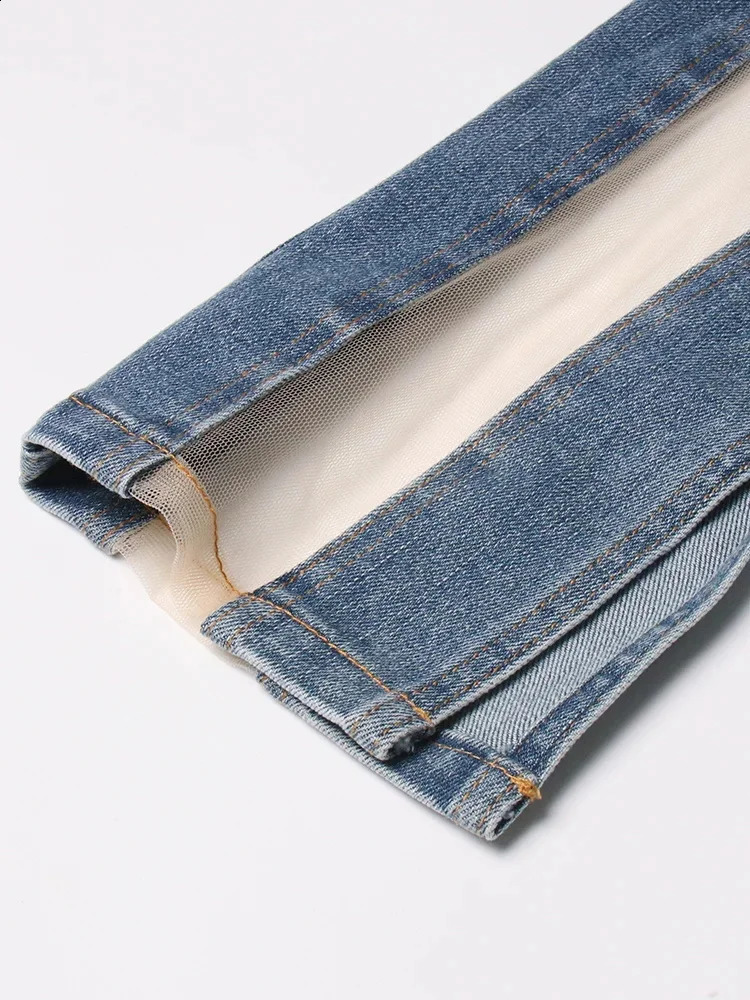 Patchwork Sheer Mesh Sexy Denim Pants For Women High Waist Spliced Pockets Slimming Jeans Female Fashion Style 250117
