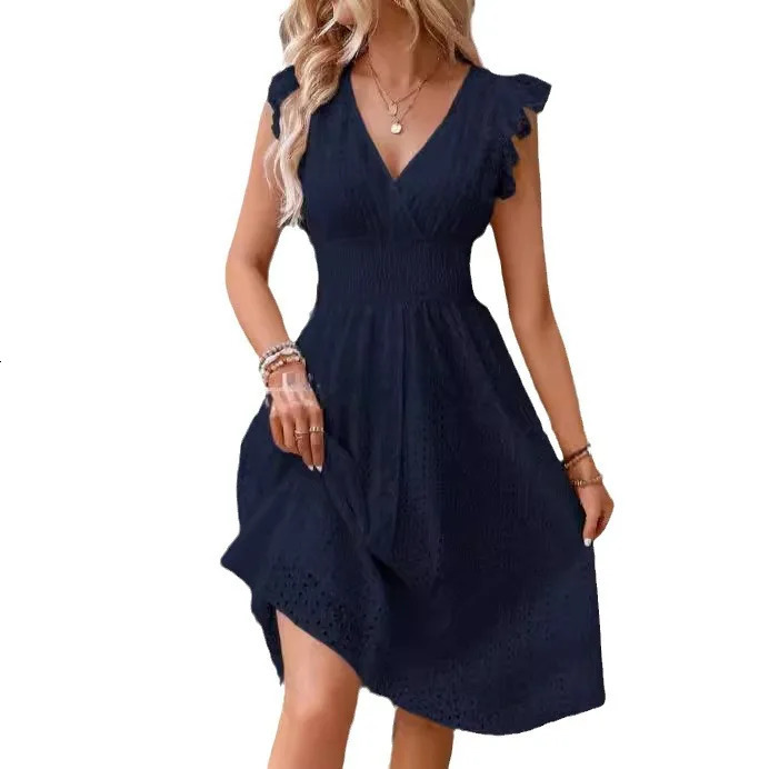 Women Summer Midi Dress V Neck Solid Ruffles Sleeveless Eyelet Embroidery Vacation Holiday Elegant Dresses For Women Party Robe 250121