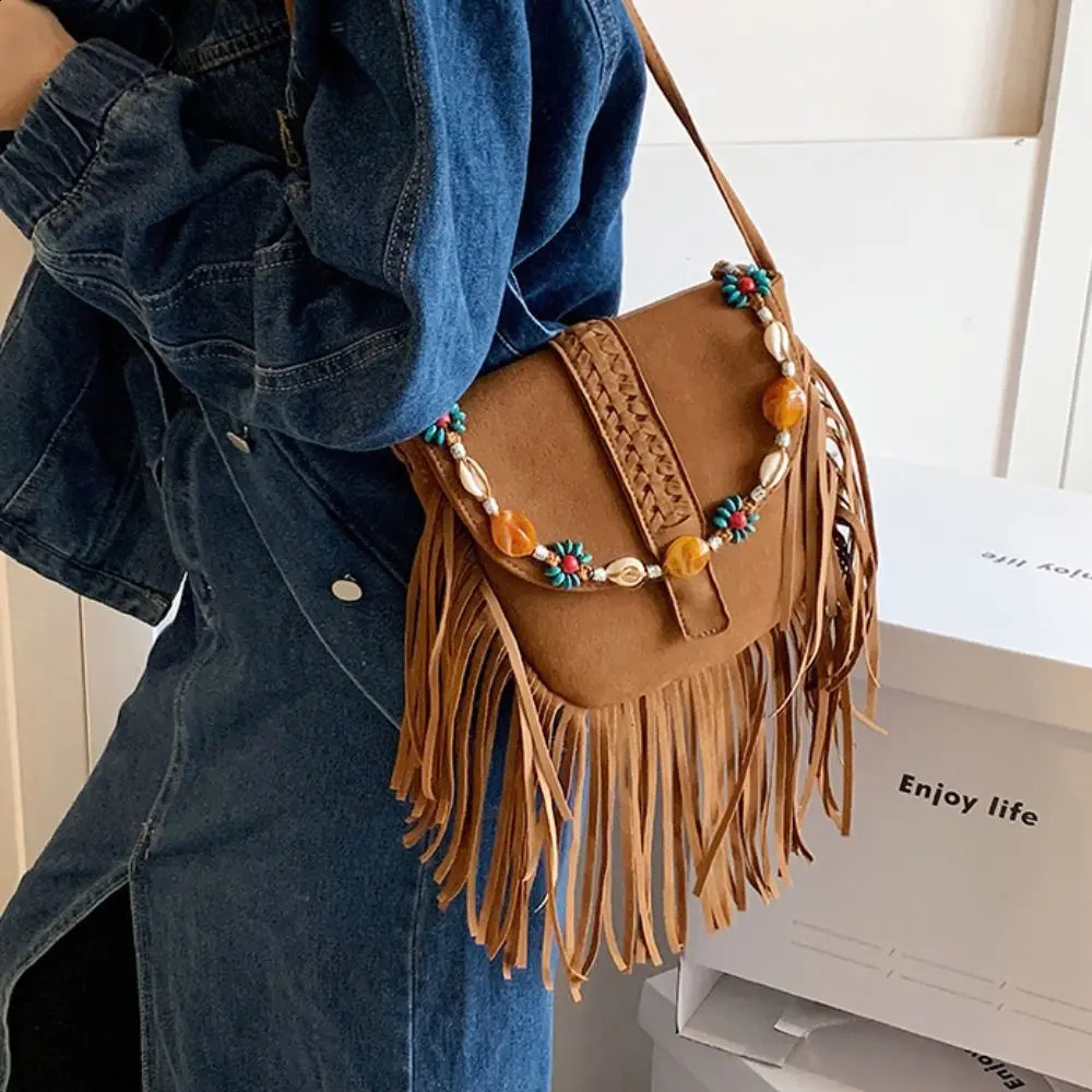 Ethnic Style Bohemian Ruffle Cross Bag Retro Suede Bohemian Saddle Bag Matte Brown Tassel Shoulder Bag 250109