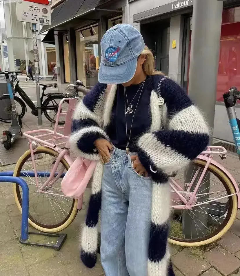 Spring Striped Women Sweater Long Cardigan Keep Warm Loose Sweaters Female Springr Elegant Casual Trendy Ladies Clothes 250114