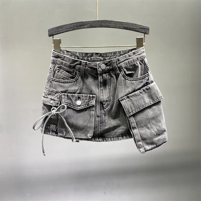 Irregular Pocket Cargo Denim Skirt Women Clothing Summer Fashion Sexy A-line Hip Skirts Female Bottoms Club Streetwear 250118