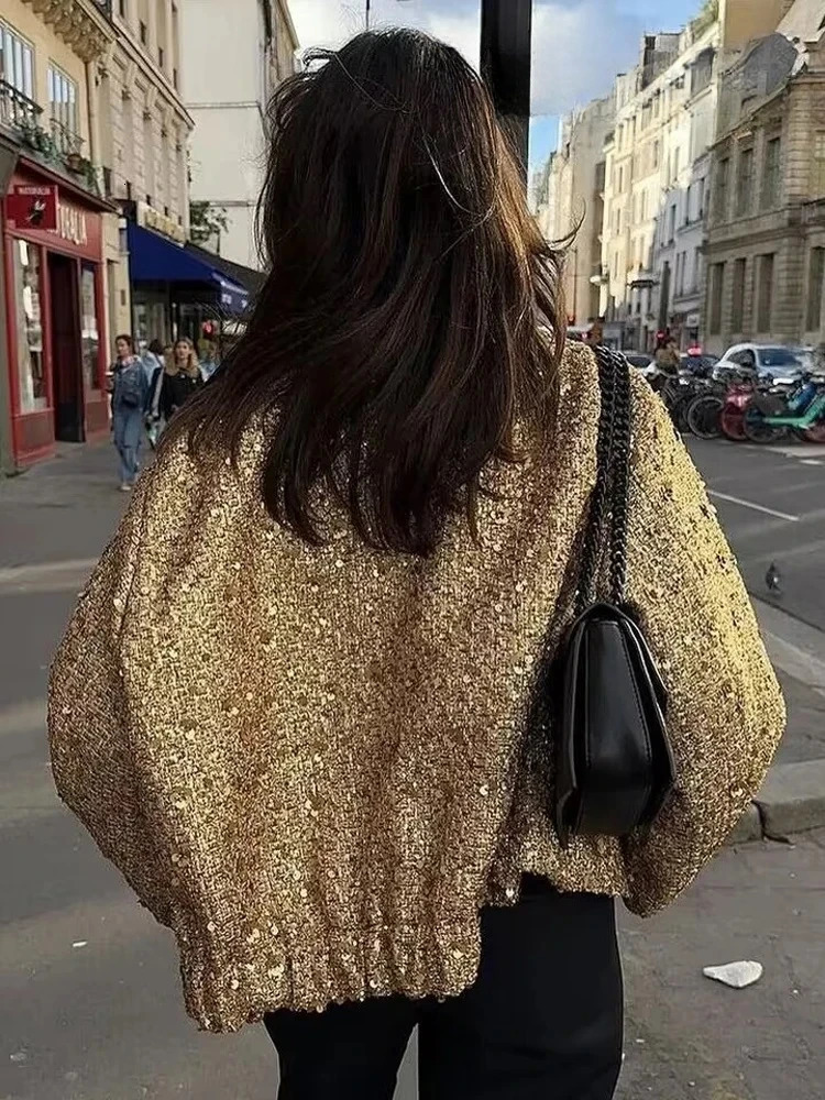 Suninheart Womens Sequined Bomber Jacket Fall O Neck Long Sleeve Pocket Stretch Hem Sequins Jacket Coat Female Chic Outerwear 250113