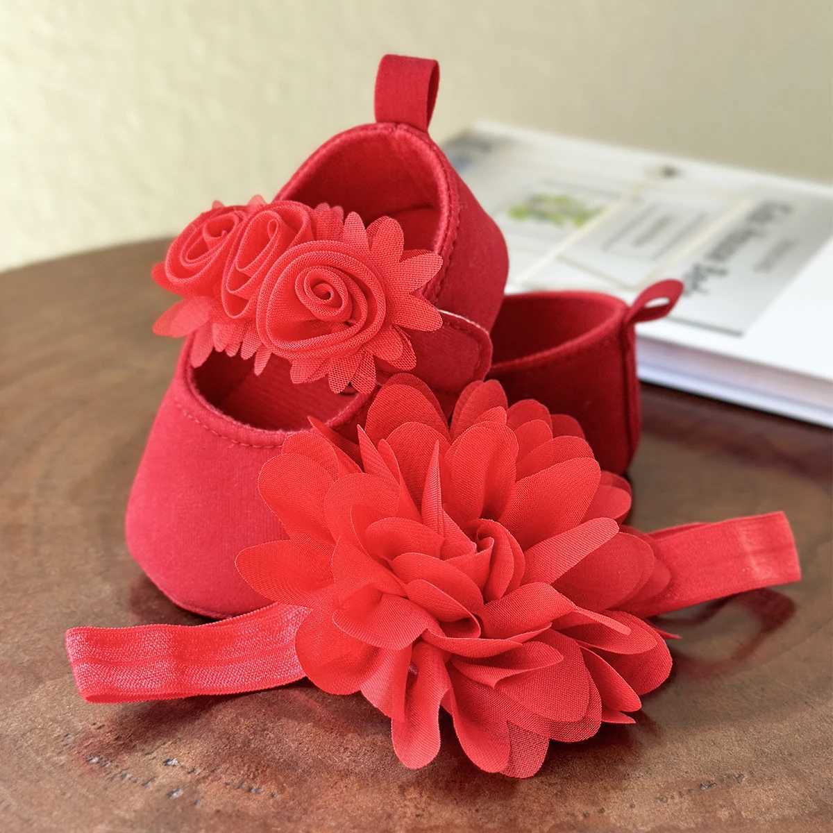 2pcs Baby Girls Flat Shoes With Flower Decor Princess Crib Shoes First Walker Shoes Headband For Newborn Infant X250129