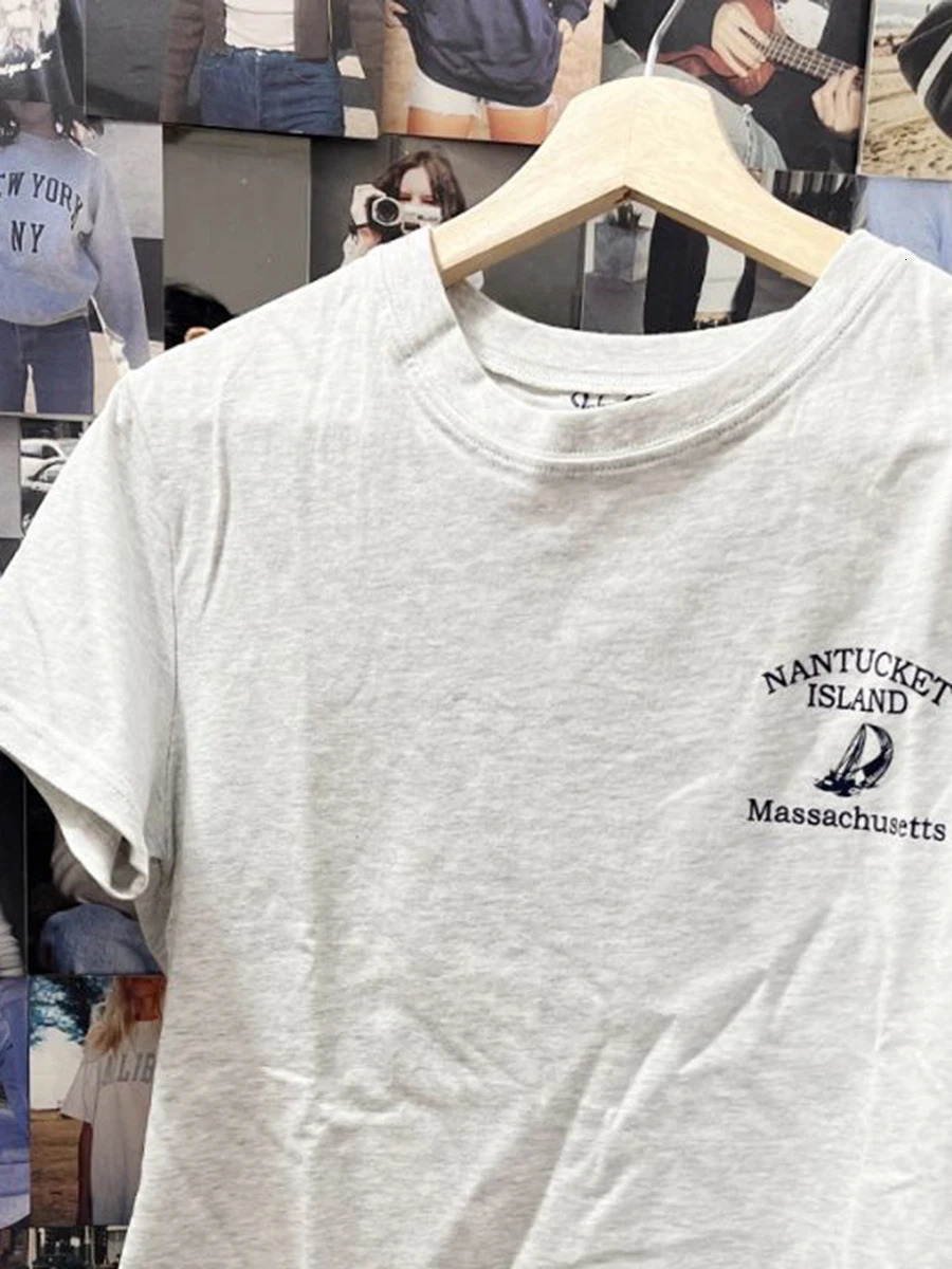 American Vintage Letter Print Short Sleeve T-shirt for Woman Summer O-Neck Soft Cotton Tee Shirt Chic Casual Graphic Tops 250118