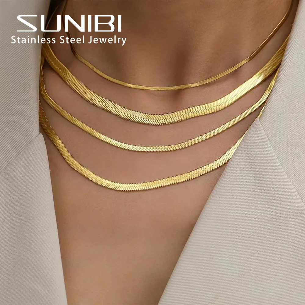 SUNIBI Stainless Steel Snake Chain Necklace for Woman Gifts Choker Herringbone Gold Color Jewelry Wholesale 250114
