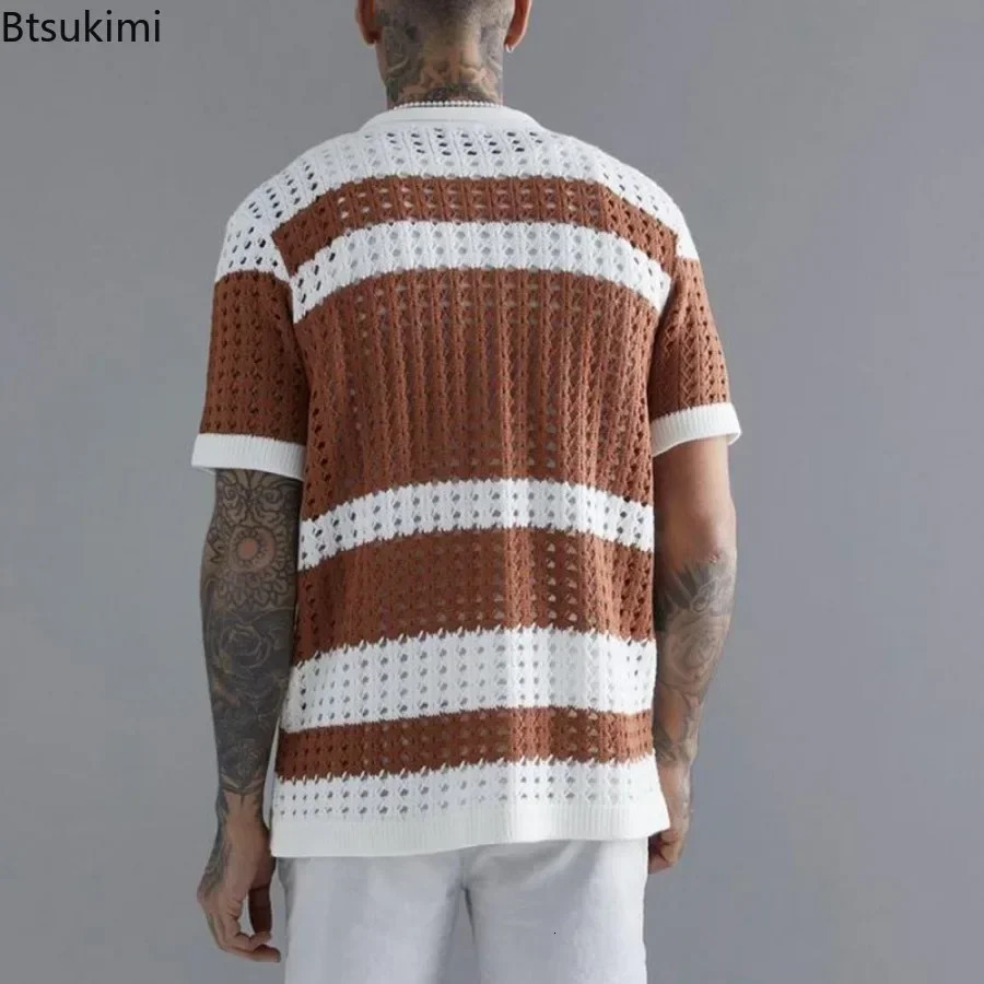 2025 Fashion Striped Patchwork Knitted Shirts for Men Summer Short-sleeved Hollow Out Tops Knit Casual Cardigan Male Streetwear 250118