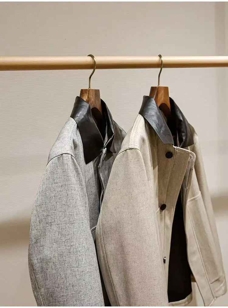 Linen blend canvas workwear style mens genuine leather lapel jacket 250120