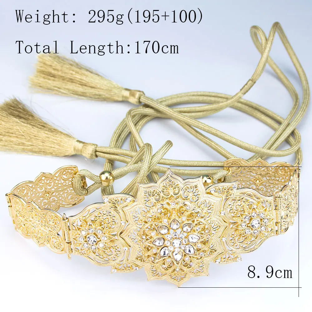 Sunspicems Chic Moroccan Caftan Belt Hand Rope Tassels Waist Chain For Women Gold Color Crystal Waistband Adjustable Length 250121
