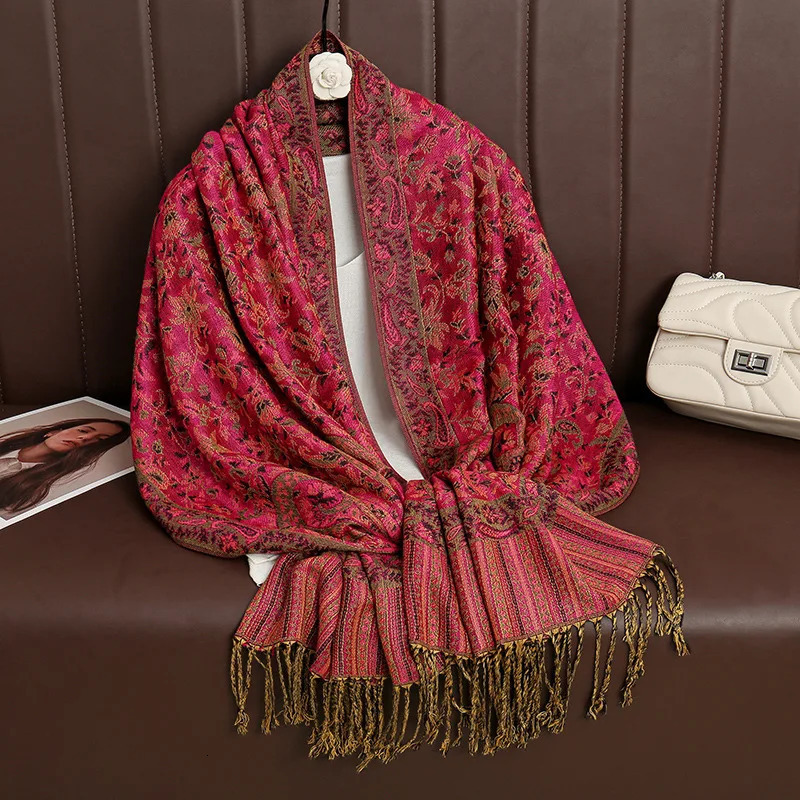 Paisley Pashmina Shawl Scarf Women Jacquard Cashew Printed Scarves Borders Female Tassel Travel Blanket Wraps Ethnic Shawls 250120