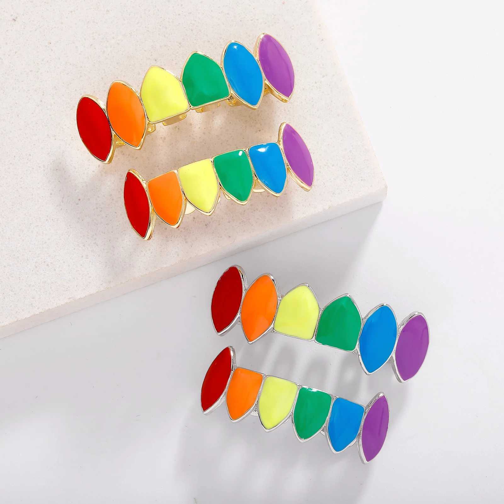 RACHELZ Hip Hop 6/6 Glossy Colorful Teeth Grillz Fangs Fashion Rainbow Tooth Caps For Women Men Jewelry Halloween CosplayXJ250114