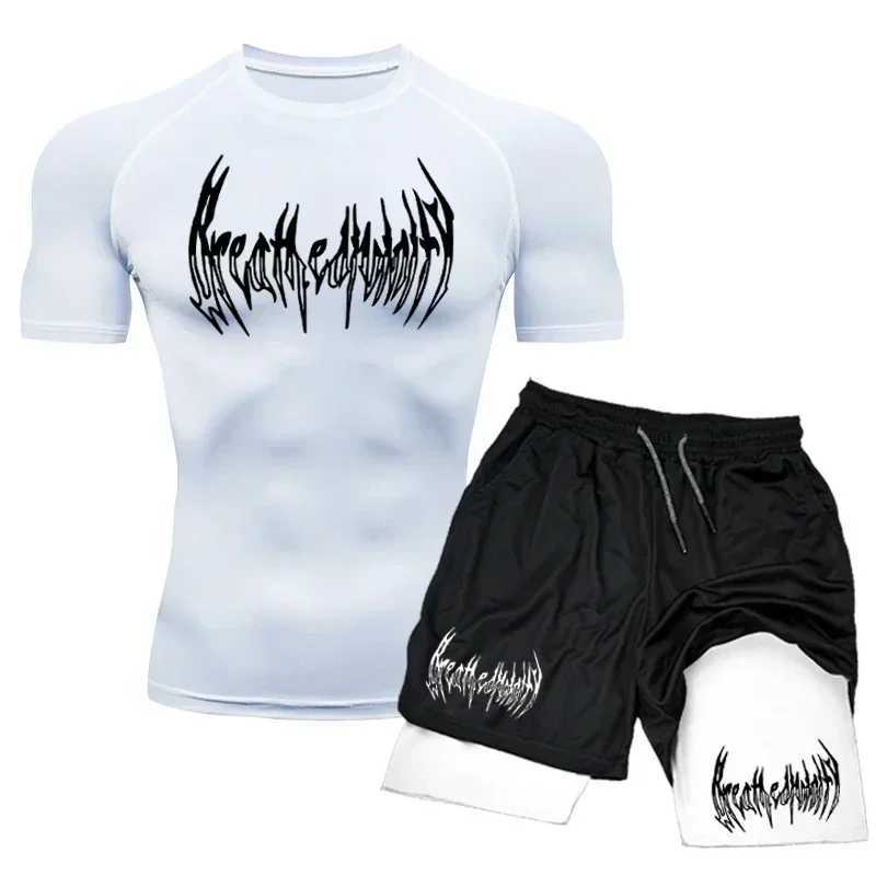 2024 Summer Compression Set Sportwear for Men Muscle GYM Shorts+Shirt Breathable Quick Dry Short Sleeve Training Sport Suit X250129