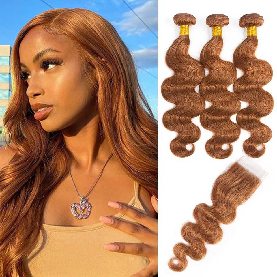 Gold Brown Body Wave Human Hair Bundles with Clo Brazilian Color 30 Remy Human Hair Bundles with 4x4 Lace Clo Free PartXJ250120