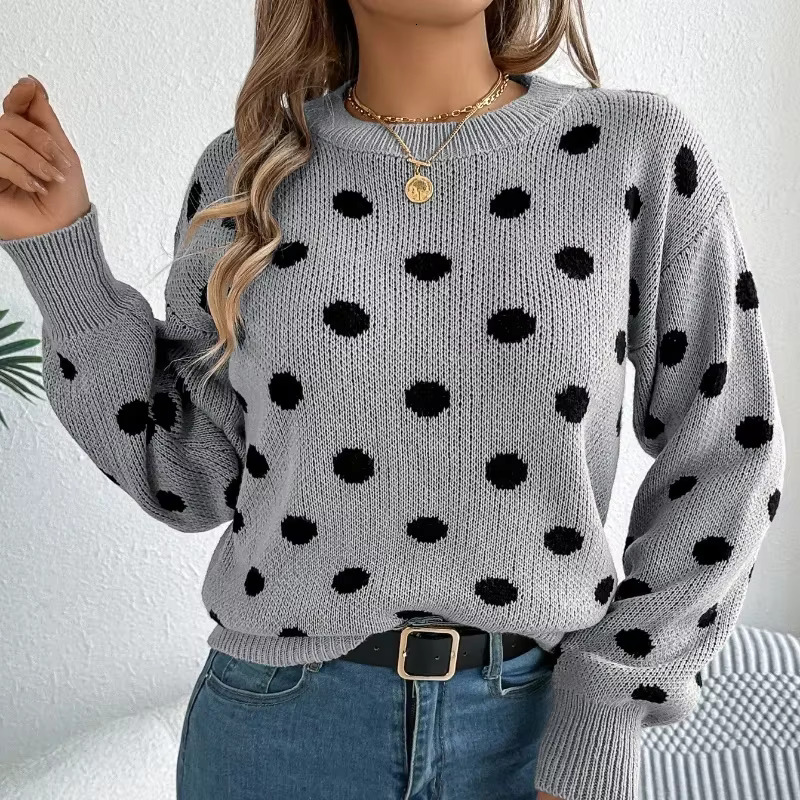 2025 Autumn/Winter Casual Contrast Color Polka Dot Sweater Women Round Neck Loose Pullover Female Fashionable Retro Outerwear