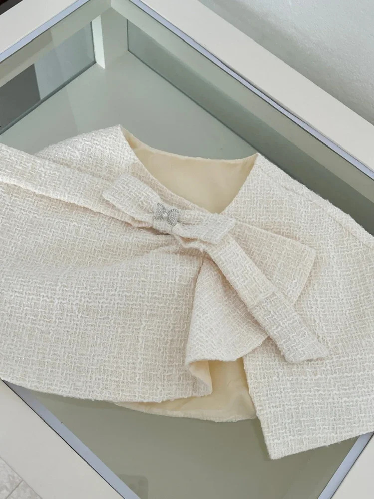 Autumn and winter French ultrathin 2piece womens sweet elegant bow shawl fashionable long sleeved solid dress 250122