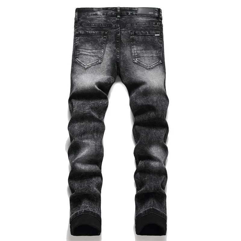 Slim Fit Elastic Black Cotton Embroidered Leather Label With Hole Star Fashion Mens Jeans X250129