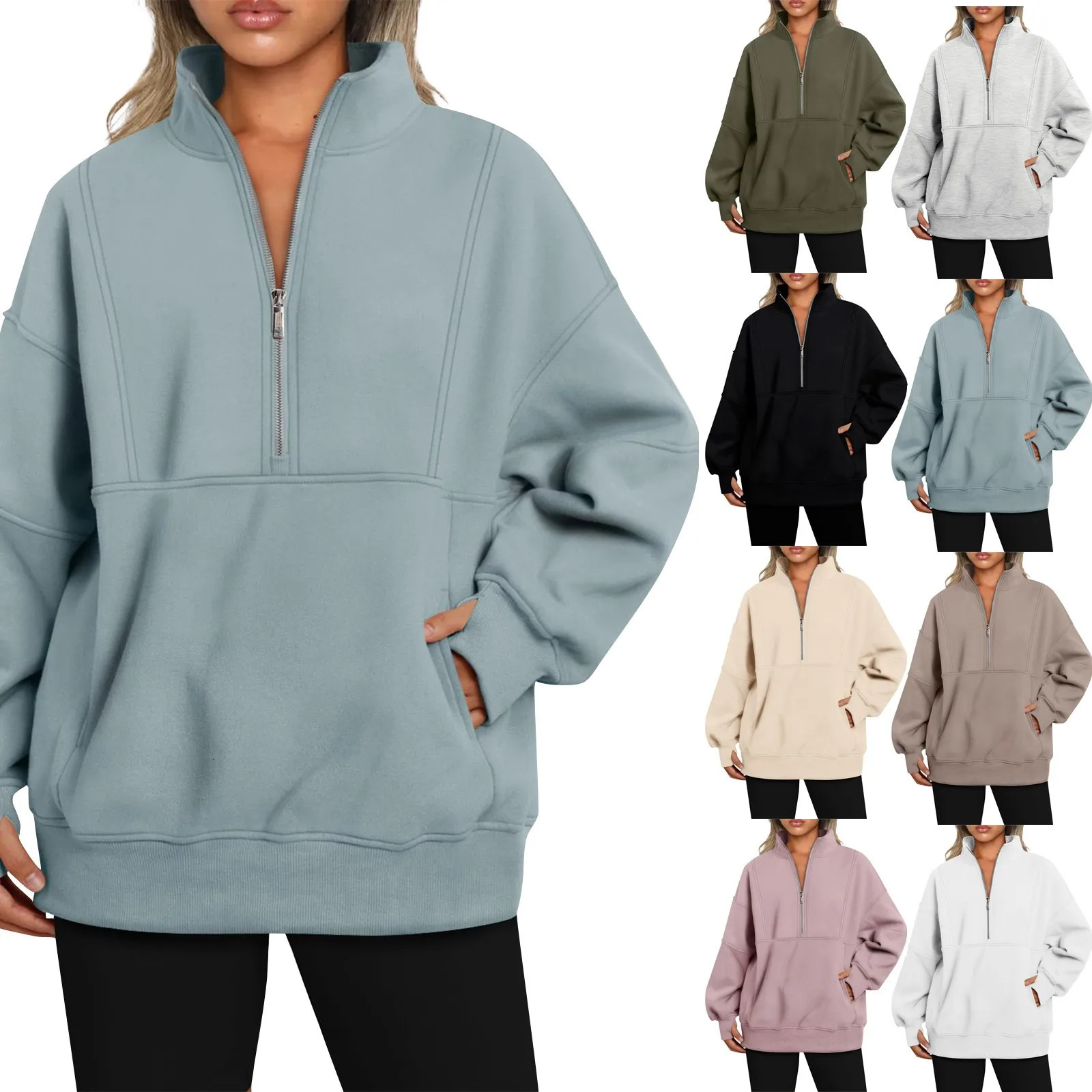 WomenS Plush Sweatshirt Fashion Half Zipper Stand Collar Loose Sports Long Sleeve Pullovers Casual Trend Solid Regular Tops 250122