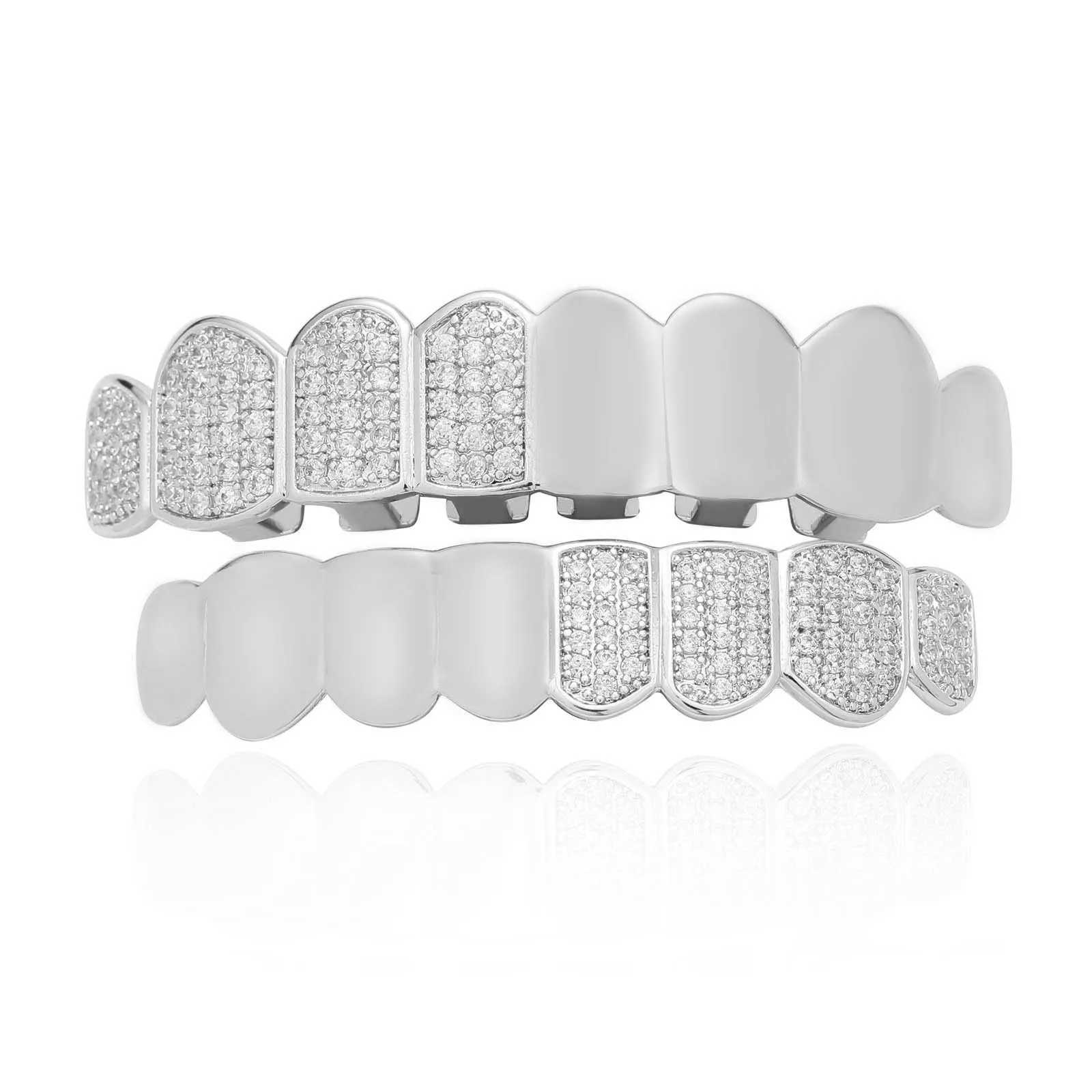 Half Mirrow Style Zircon Iced Out Teeth Grillz Hip Hop 8/8 Top Bottom Grills Dental Mouth Punk Teeth Caps Cosplay Party TG094XJ250114
