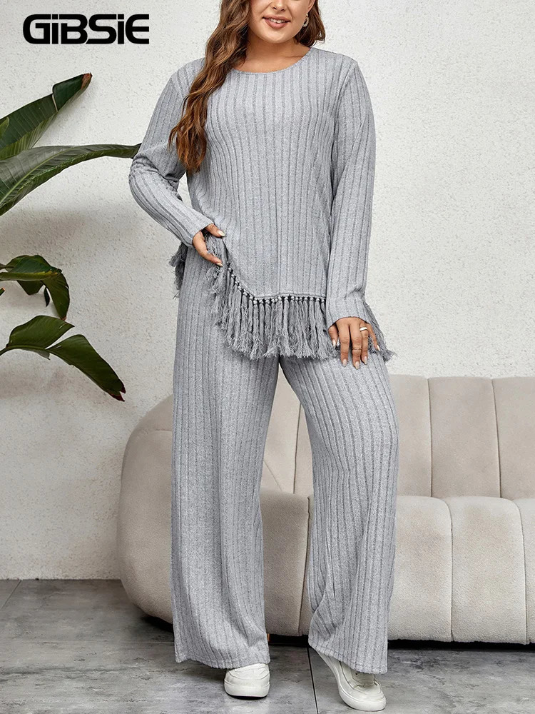 GIBSIE Plus Size Women Home Style Two Piece Outfit Fall Casual ONeck Long Sleeve Tassel Hem Tops with Wide Leg Pants Sets 250122