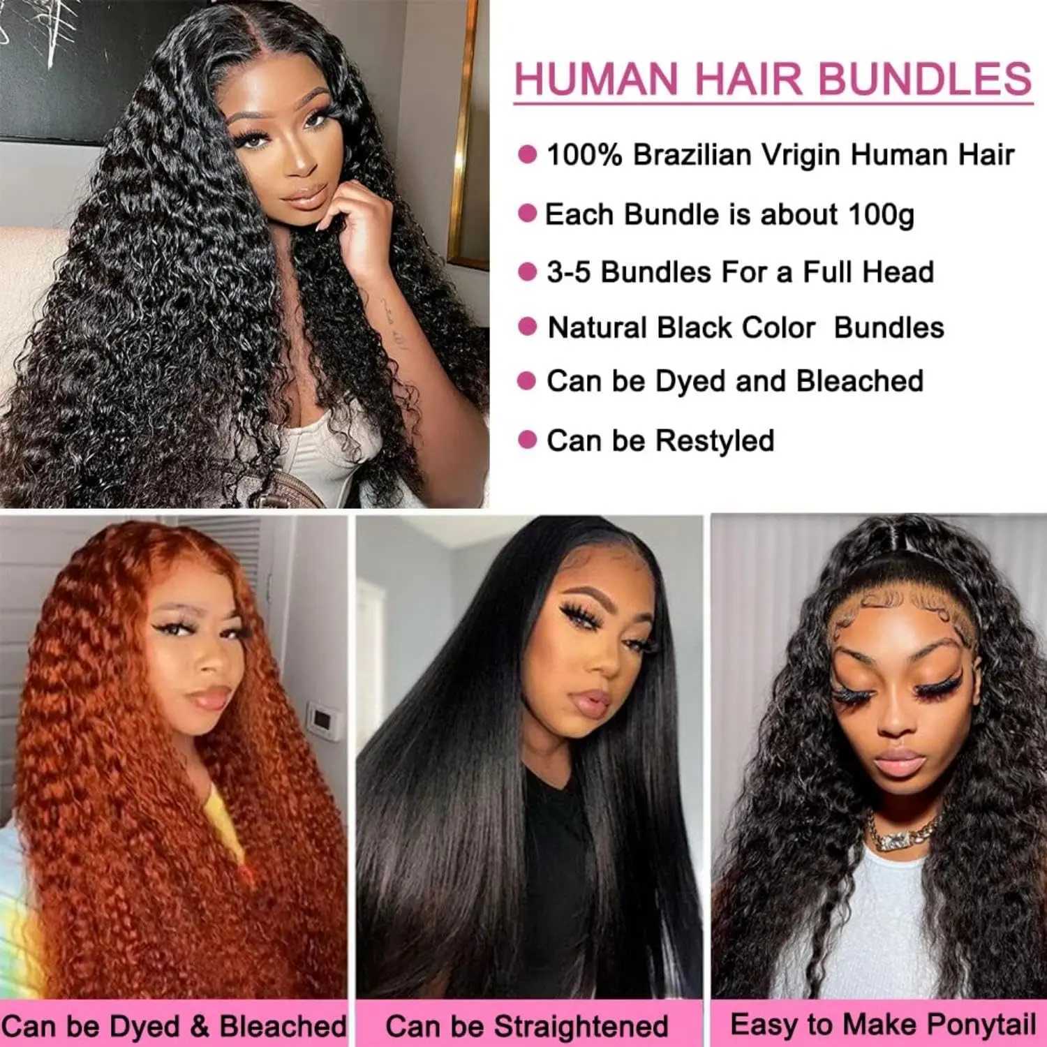 Deep Wave Bundles With Frontal Brazilian Virgin Remy Hair 3/4 Bundles With 13x4 Frontal Natural Color Curly Bundles With FrontalXJ250120