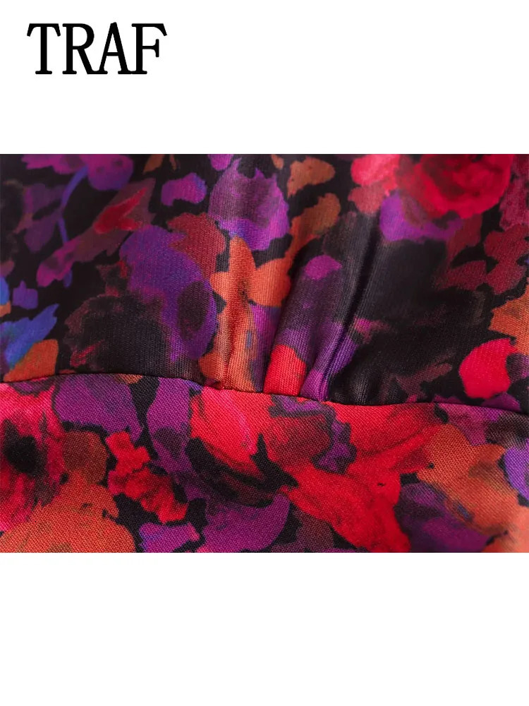 TRAF Women Pleated Long Dresses 2023 Autumn Sleeve Vintage Print Midi Dress Female Party 250121