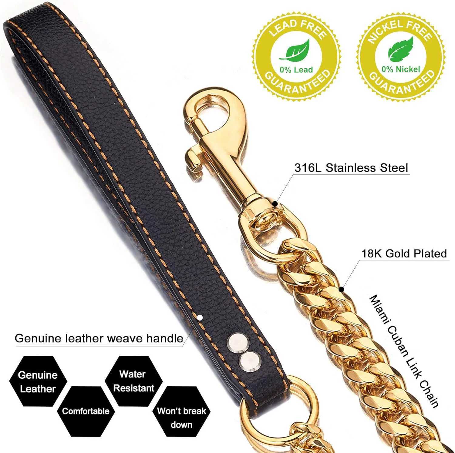 Luxury 18K Gold Dog Chain Leash with Genuine Leather Handle Strong Stainless Steel Miami Cuban Link Pet Leash for Large Dogs X250129